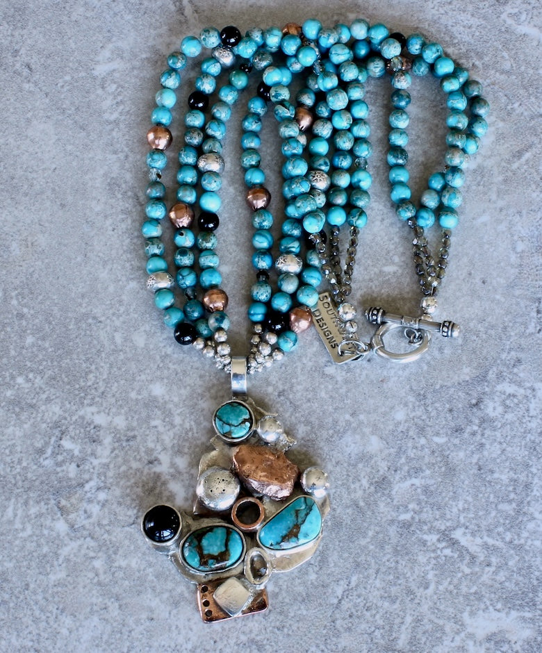 Turquoise, Sterling, Copper & Onyx Art Pendant with 3 Strands of Imperial Jasper Rounds, Czech Fire Polished Glass, Onyx, Copper & Sterling
