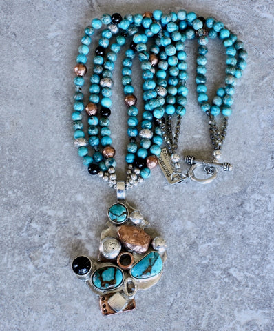 Turquoise, Sterling, Copper & Onyx Art Pendant with 3 Strands of Imperial Jasper Rounds, Czech Fire Polished Glass, Onyx, Copper & Sterling
