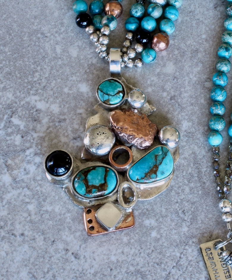 Turquoise, Sterling, Copper & Onyx Art Pendant with 3 Strands of Imperial Jasper Rounds, Czech Fire Polished Glass, Onyx, Copper & Sterling