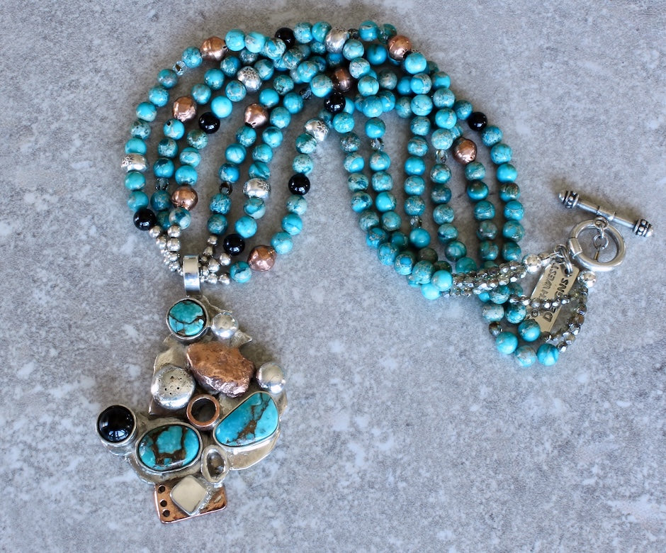 Turquoise, Sterling, Copper & Onyx Art Pendant with 3 Strands of Imperial Jasper Rounds, Czech Fire Polished Glass, Onyx, Copper & Sterling