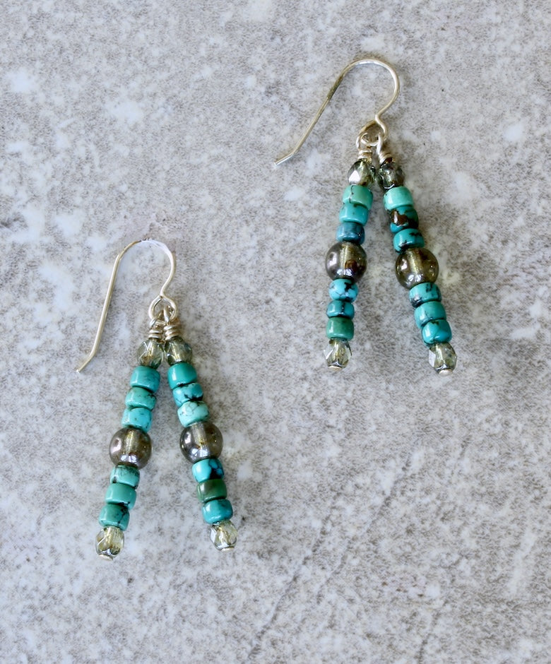 Turquoise Rondelle Bead & Czech Glass 2-Dangle Earrings with Sterling Silver Earring Wires