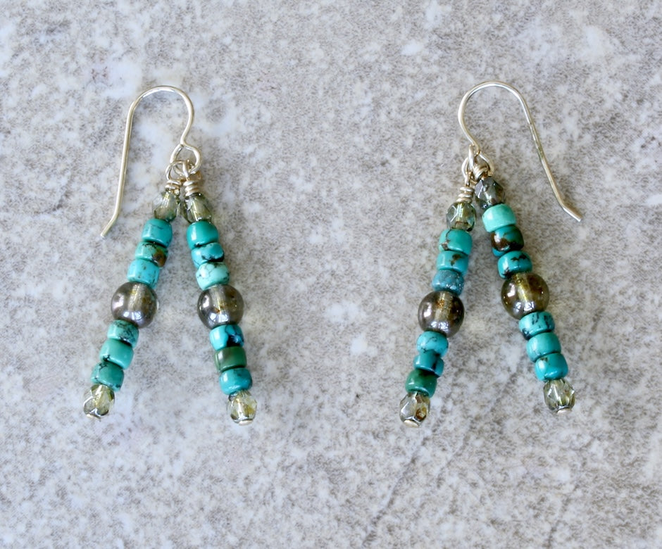 Turquoise Rondelle Bead & Czech Glass 2-Dangle Earrings with Sterling Silver Earring Wires