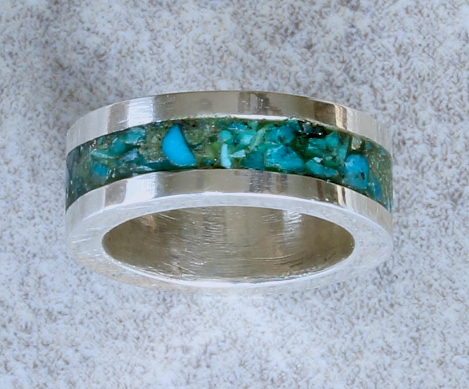 Rolled Turquoise & Sterling Silver Channel Ring #2 with Sterling Rims and Inlaid Turquoise Chip