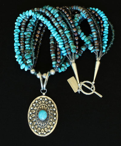 Turquoise and Sterling Silver Oval Pendant with 6 Strands of Gemstones and Sterling Silver