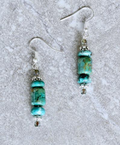 Turquoise Barrel & Rondelle Bead Earrings with Czech Fire Polished Glass and Sterling Silver