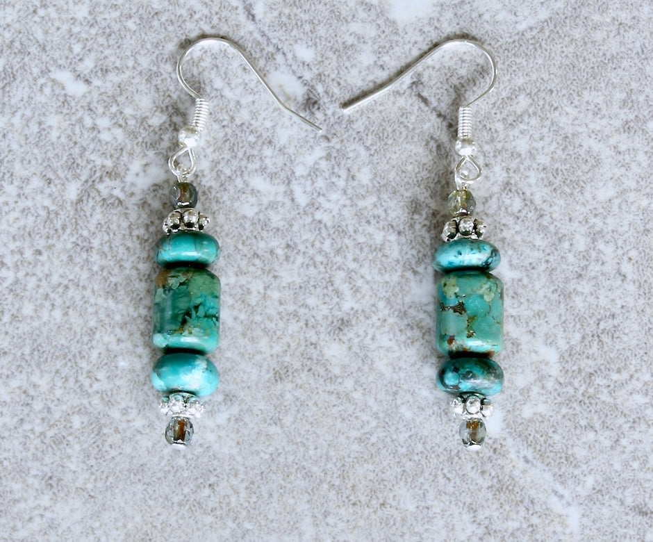 Turquoise Barrel & Rondelle Bead Earrings with Czech Fire Polished Glass and Sterling Silver