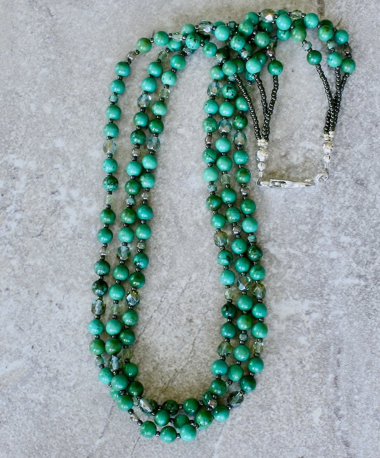 Turquoise Rounds 3-Strand Necklace with Czech Glass and a Silver Lobster Clasp