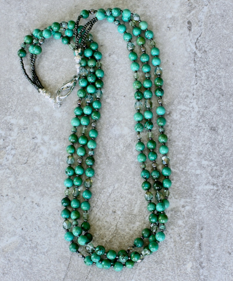 Turquoise Rounds 3-Strand Necklace with Czech Glass and a Silver Lobster Clasp