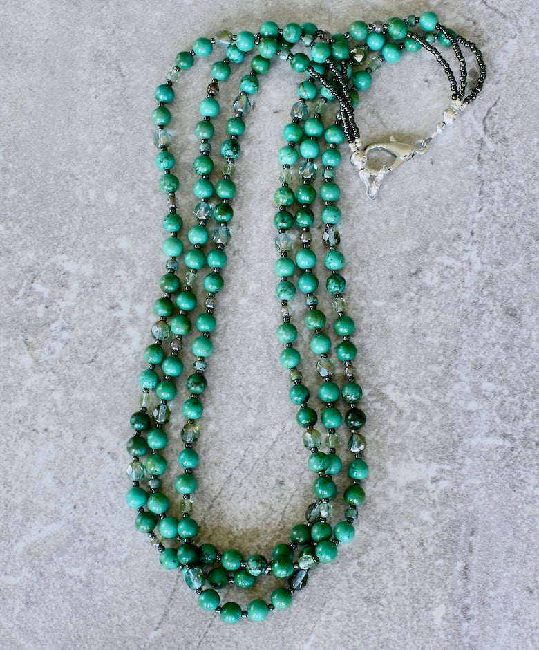 Turquoise Rounds 3-Strand Necklace with Czech Glass and a Silver Lobster Clasp
