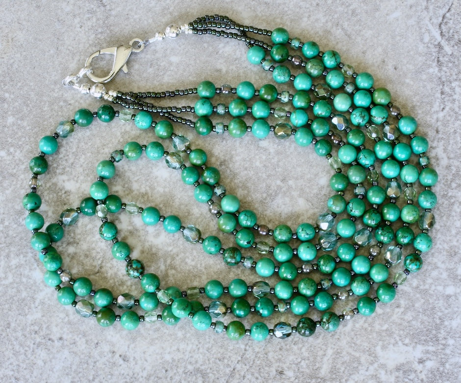 Turquoise Rounds 3-Strand Necklace with Czech Glass and a Silver Lobster Clasp