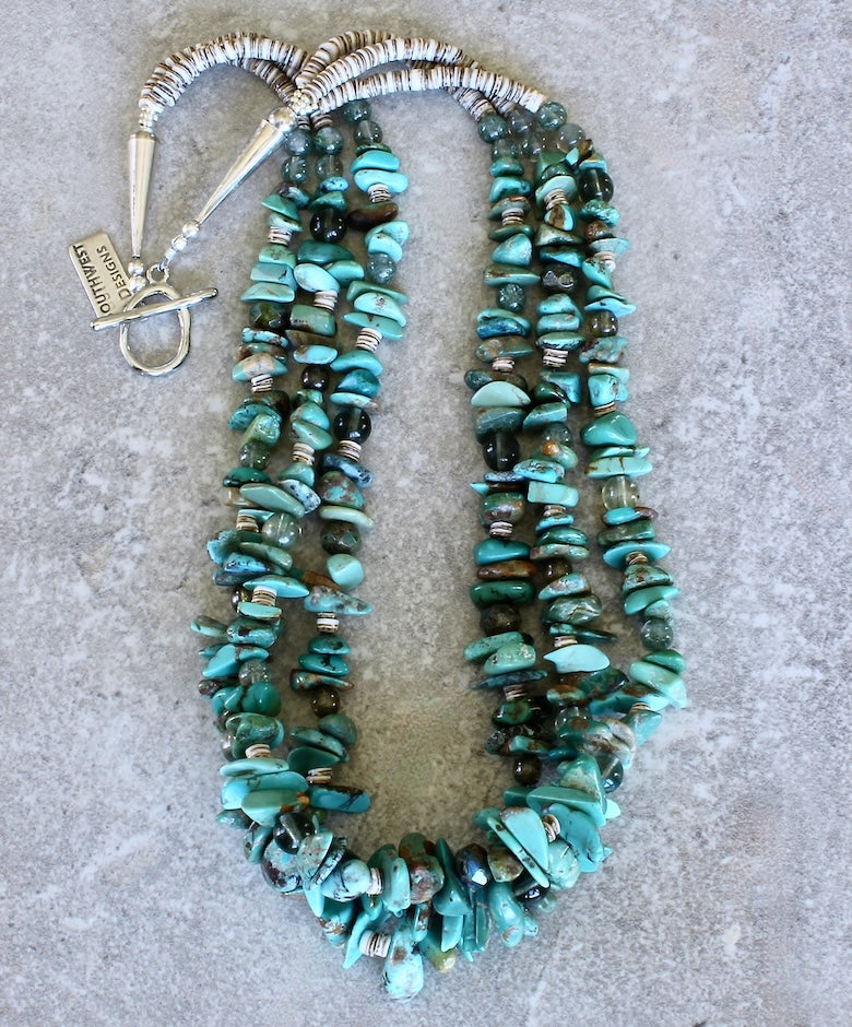 Graduated Turquoise Chip 3-Strand Necklace with Czech Glass, Olive Shell Heishi and Sterling Silver