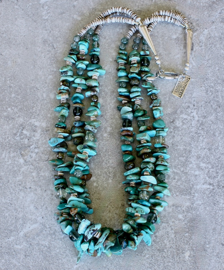 Graduated Turquoise Chip 3-Strand Necklace with Czech Glass, Olive Shell Heishi and Sterling Silver