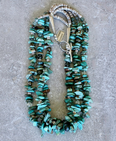 Graduated Turquoise Chip 3-Strand Necklace with Czech Glass, Olive Shell Heishi and Sterling Silver