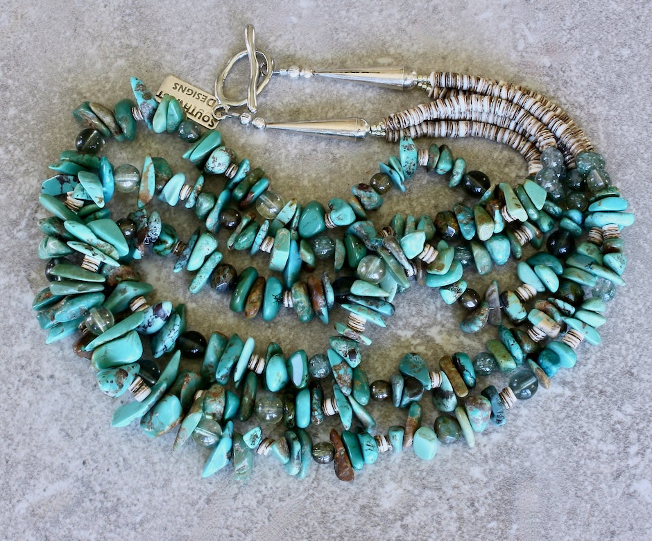 Graduated Turquoise Chip 3-Strand Necklace with Czech Glass, Olive Shell Heishi and Sterling Silver