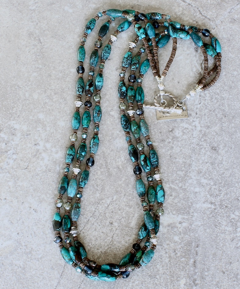 Turquoise Cylinder Bead 3-Strand Necklace with Czech Glass and Sterling Silver