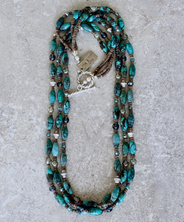 Turquoise Cylinder Bead 3-Strand Necklace with Czech Glass and Sterling Silver