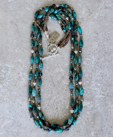 Turquoise Cylinder Bead 3-Strand Necklace with Czech Glass and Sterling Silver