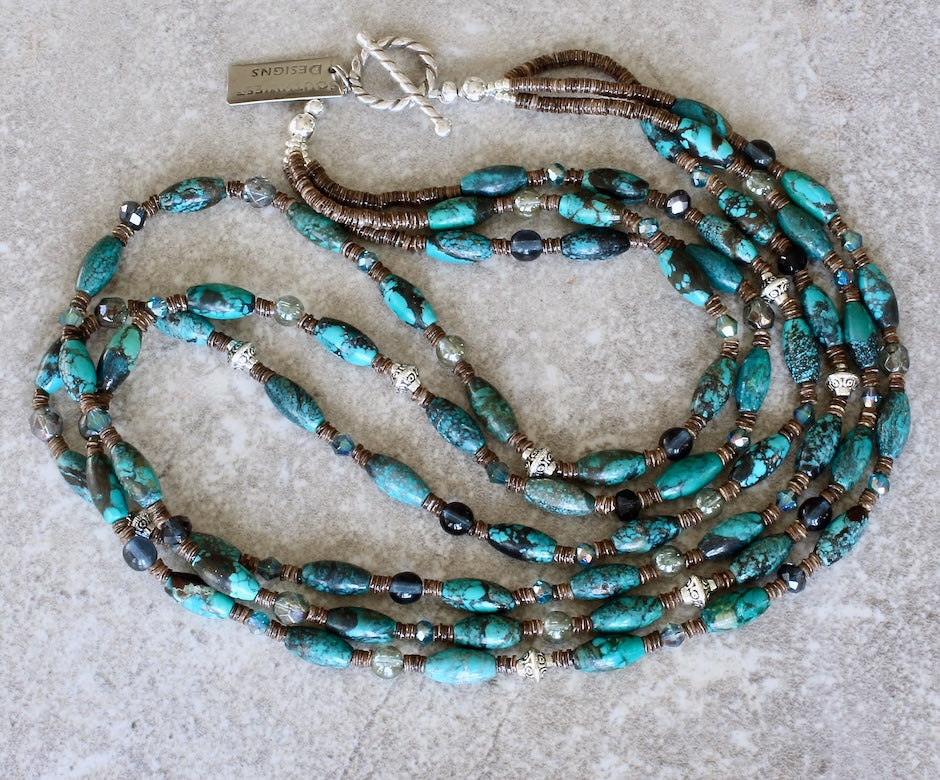 Turquoise Cylinder Bead 3-Strand Necklace with Czech Glass and Sterling Silver