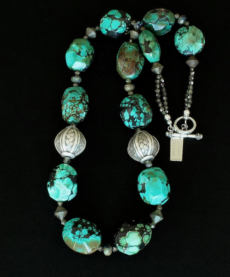 Turquoise Faceted Ovals Necklace with Turkish Glass, Czech Glass, and Ornate Sterling Silver Beads & Toggle Clasp