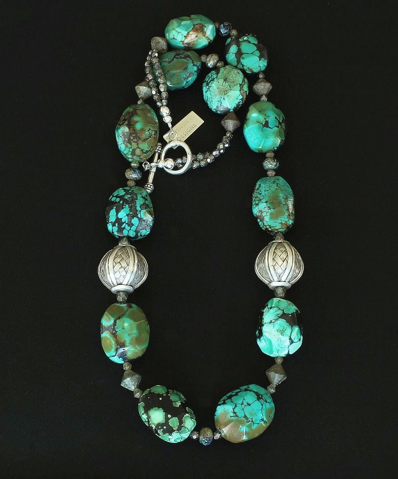 Turquoise Faceted Ovals Necklace with Turkish Glass, Czech Glass, and Ornate Sterling Silver Beads & Toggle Clasp