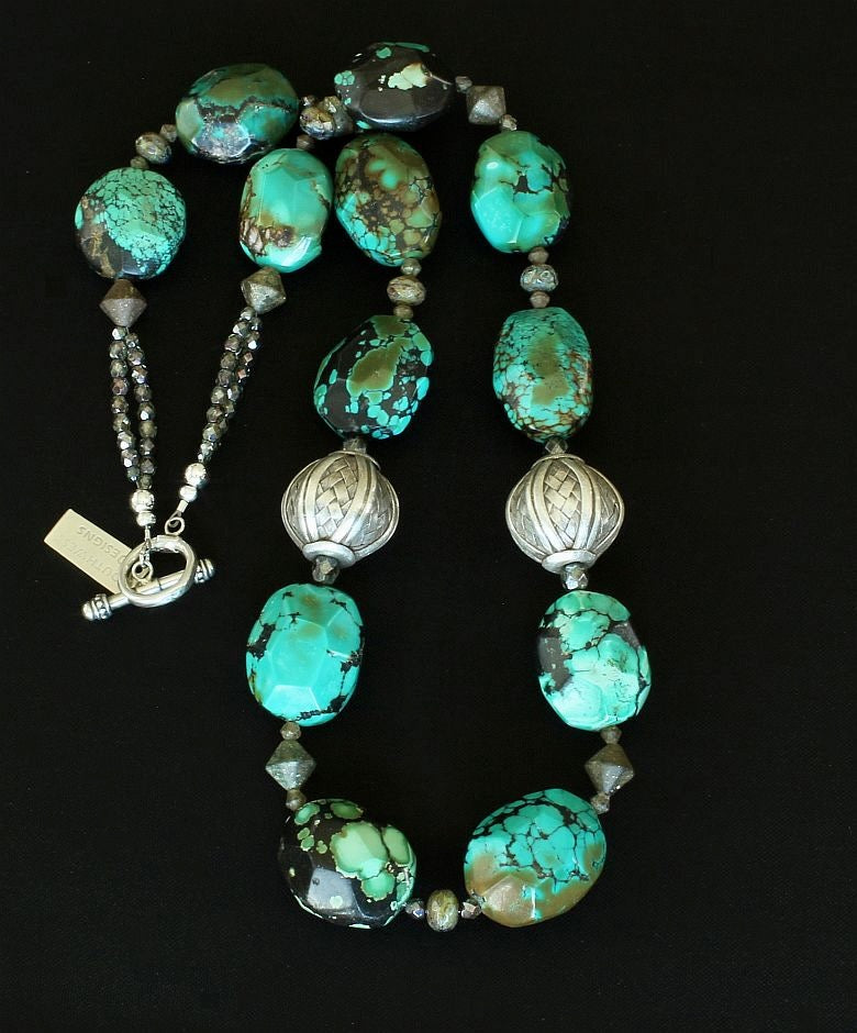 Turquoise Faceted Ovals Necklace with Turkish Glass, Czech Glass, and Ornate Sterling Silver Beads & Toggle Clasp