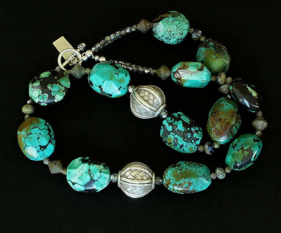 Turquoise Faceted Ovals Necklace with Turkish Glass, Czech Glass, and Ornate Sterling Silver Beads & Toggle Clasp