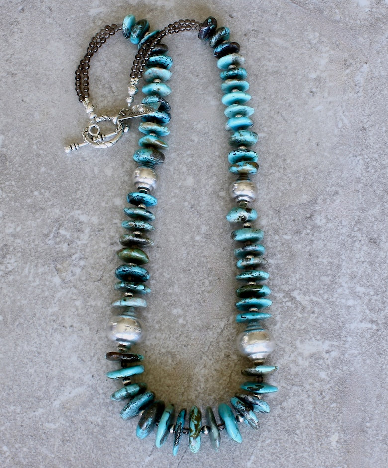 Turquoise Graduated Disc Necklace with Oxidized Sterling Silver Rounds, Smoky Quartz, and Sterling Silver Beads and Toggle Clasp