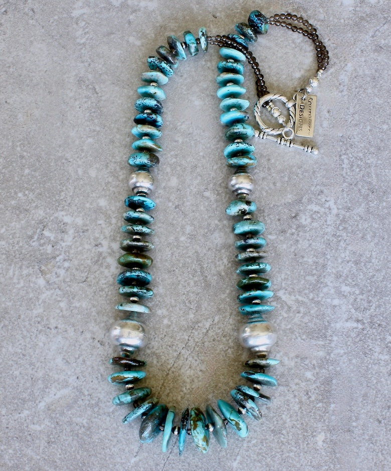 Turquoise Graduated Disc Necklace with Oxidized Sterling Silver Rounds, Smoky Quartz, and Sterling Silver Beads and Toggle Clasp