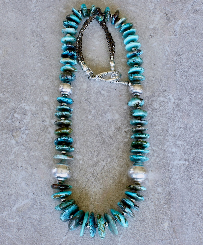 Turquoise Graduated Disc Necklace with Oxidized Sterling Silver Rounds, Smoky Quartz, and Sterling Silver Beads and Toggle Clasp