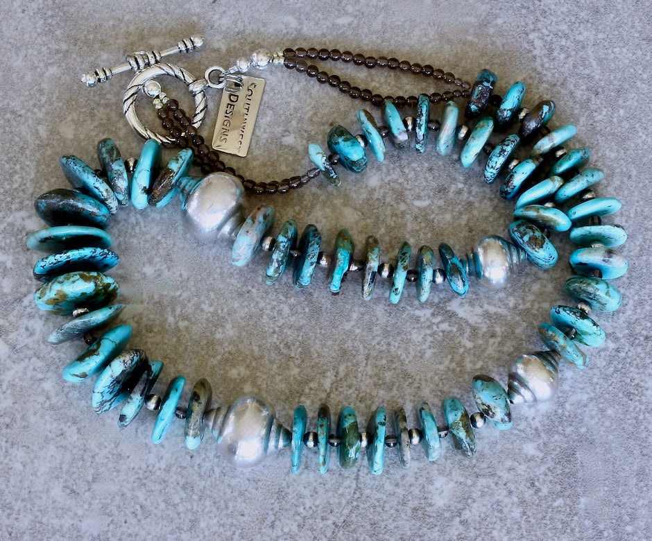 Turquoise Graduated Disc Necklace with Oxidized Sterling Silver Rounds, Smoky Quartz, and Sterling Silver Beads and Toggle Clasp
