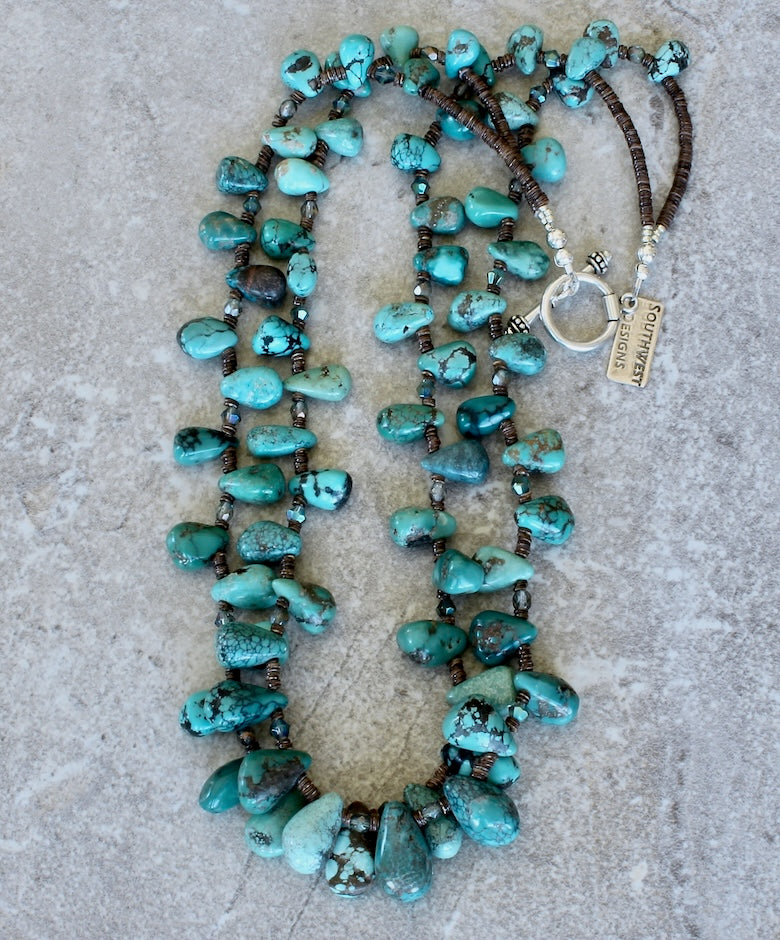Graduated Turquoise Petal 2-Strand Necklace with Czech Glass, Olive Shell Heishi and Sterling Silver