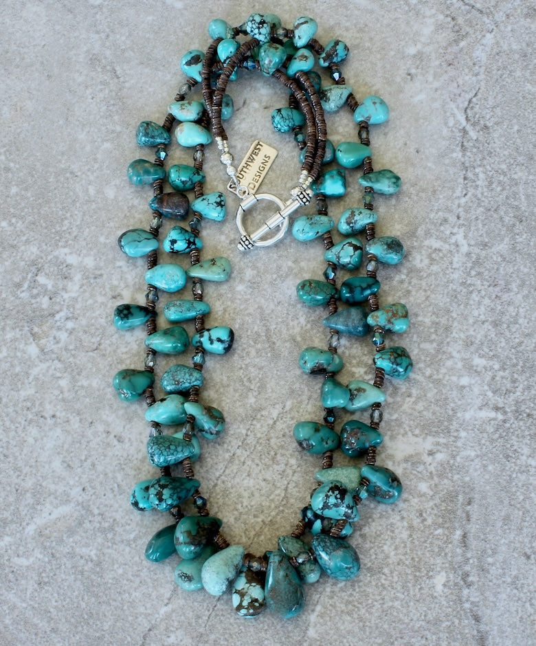Graduated Turquoise Petal 2-Strand Necklace with Czech Glass, Olive Shell Heishi and Sterling Silver