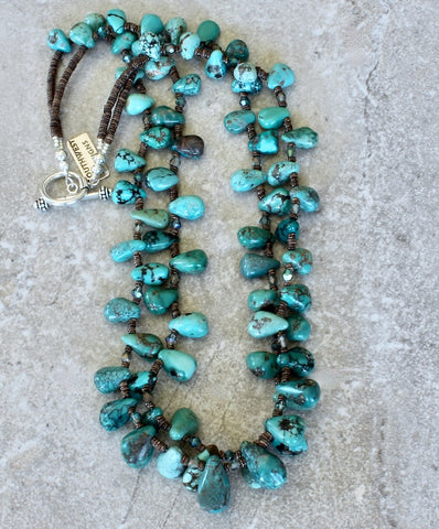 Graduated Turquoise Petal 2-Strand Necklace with Czech Glass, Olive Shell Heishi and Sterling Silver