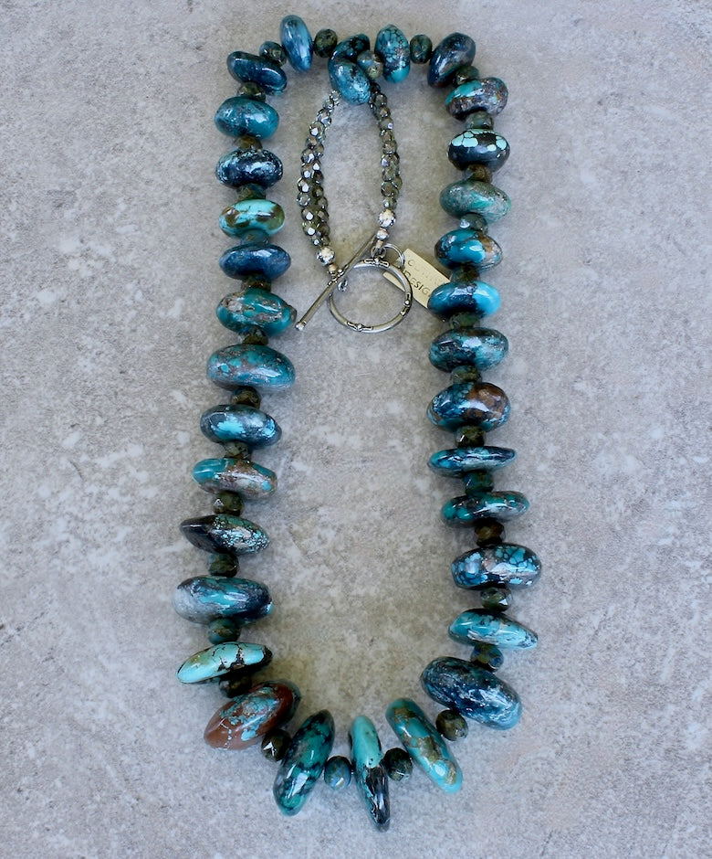 Turquoise Graduated Rondelle Bead Necklace with Czech Glass and Sterling Silver