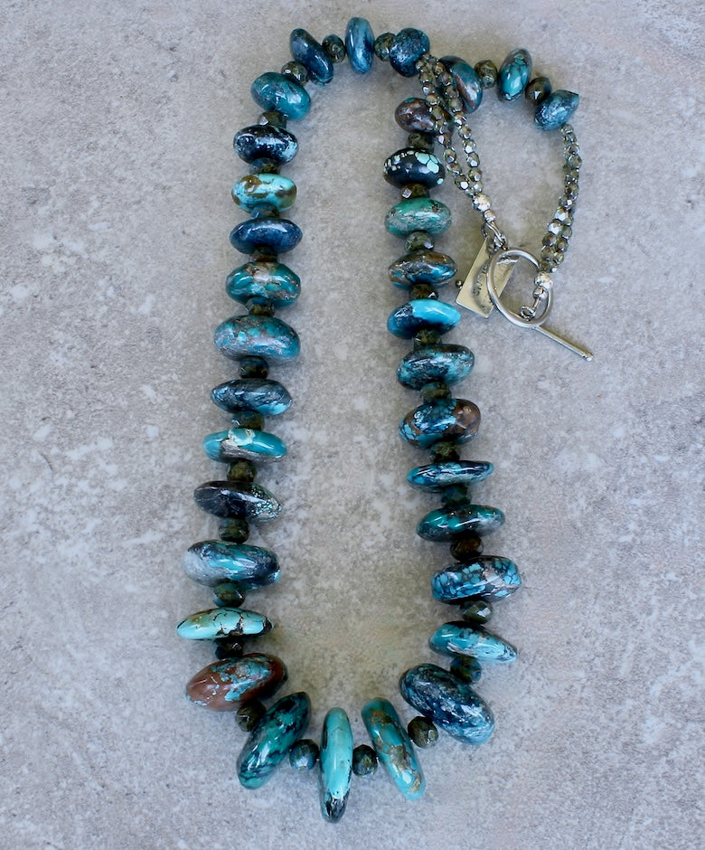 Turquoise Graduated Rondelle Bead Necklace with Czech Glass and Sterling Silver