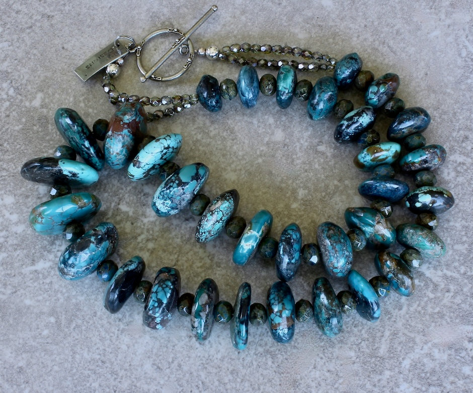 Turquoise Graduated Rondelle Bead Necklace with Czech Glass and Sterling Silver