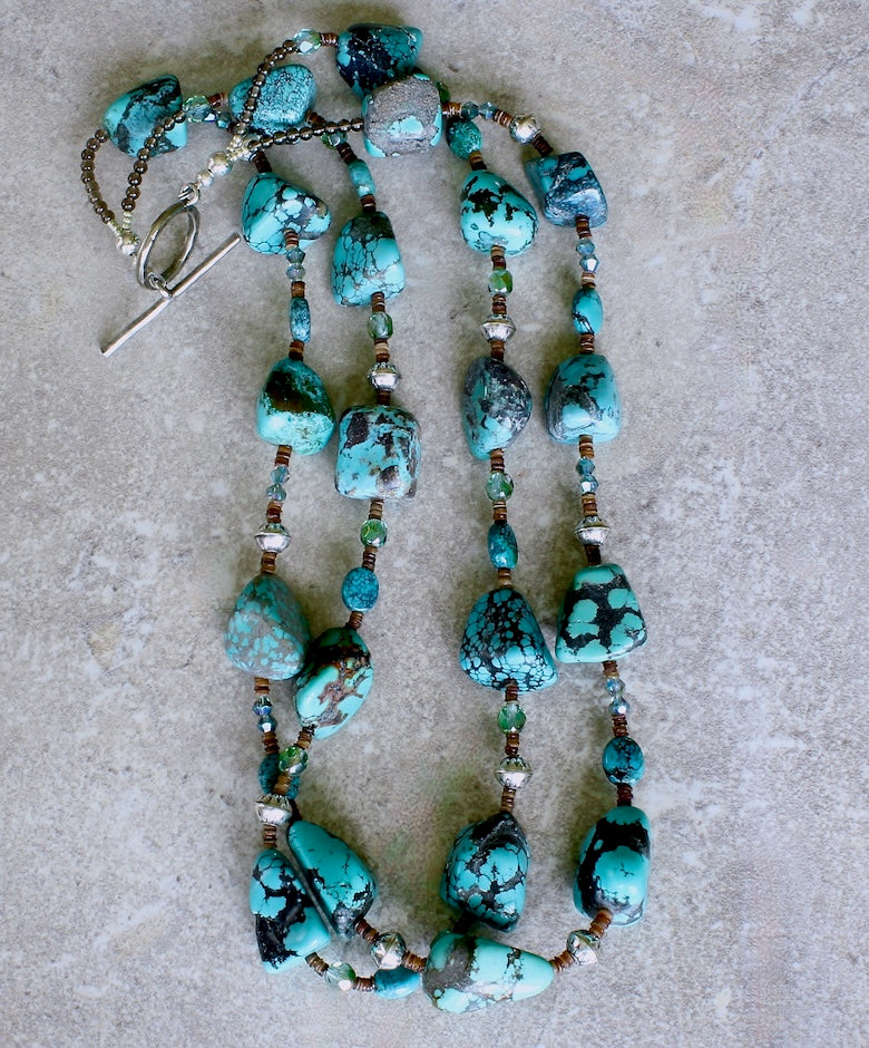 Turquoise Large Nugget 2-Strand Necklace with Czech Glass, Olive Shell Heishi and Sterling Silver