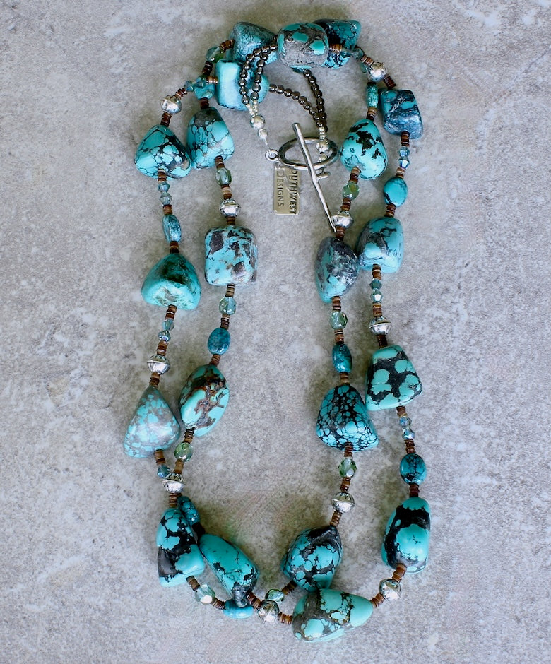 Turquoise Large Nugget 2-Strand Necklace with Czech Glass, Olive Shell Heishi and Sterling Silver