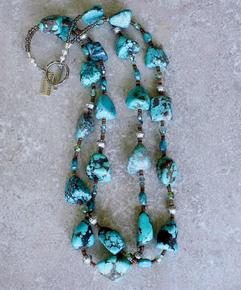 Turquoise Large Nugget 2-Strand Necklace with Czech Glass, Olive Shell Heishi and Sterling Silver