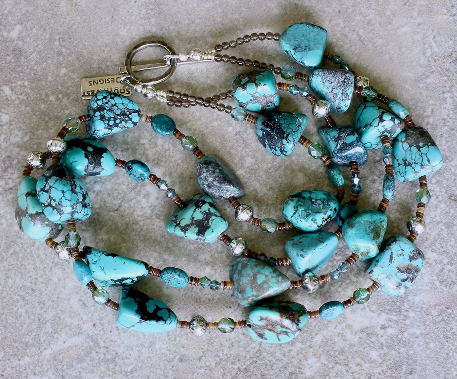 Turquoise Large Nugget 2-Strand Necklace with Czech Glass, Olive Shell Heishi and Sterling Silver