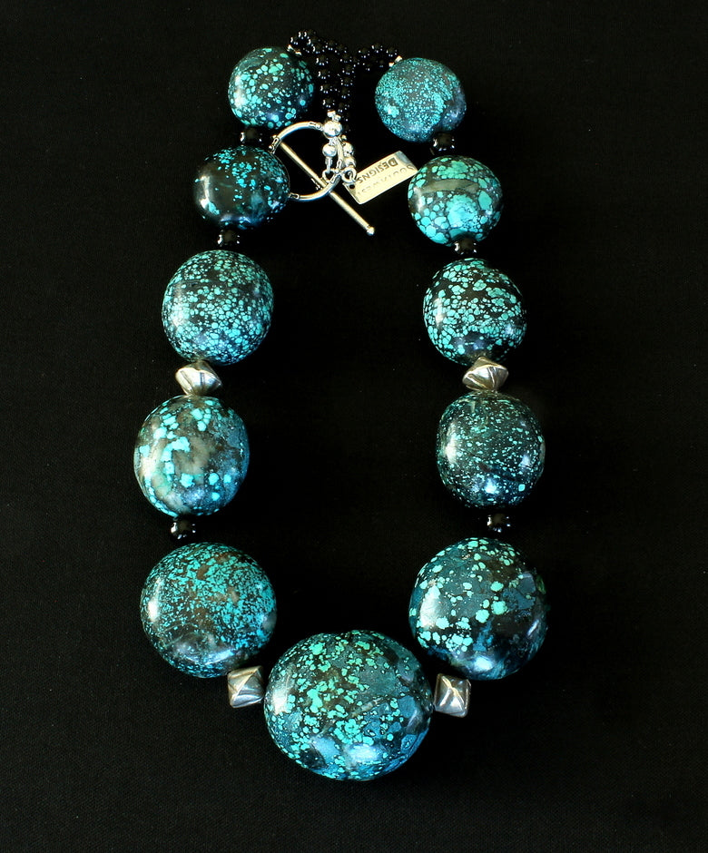 Turquoise Large Ovals Graduated Necklace with Onyx Rounds and Sterling Silver Beads & Toggle Clasp