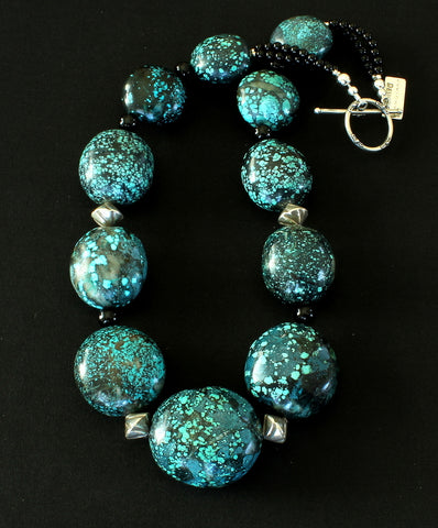 Turquoise Large Ovals Graduated Necklace with Onyx Rounds and Sterling Silver Beads & Toggle Clasp