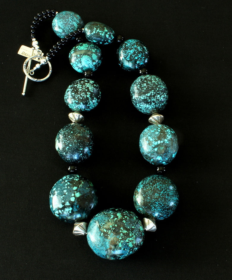 Turquoise Large Ovals Graduated Necklace with Onyx Rounds and Sterling Silver Beads & Toggle Clasp