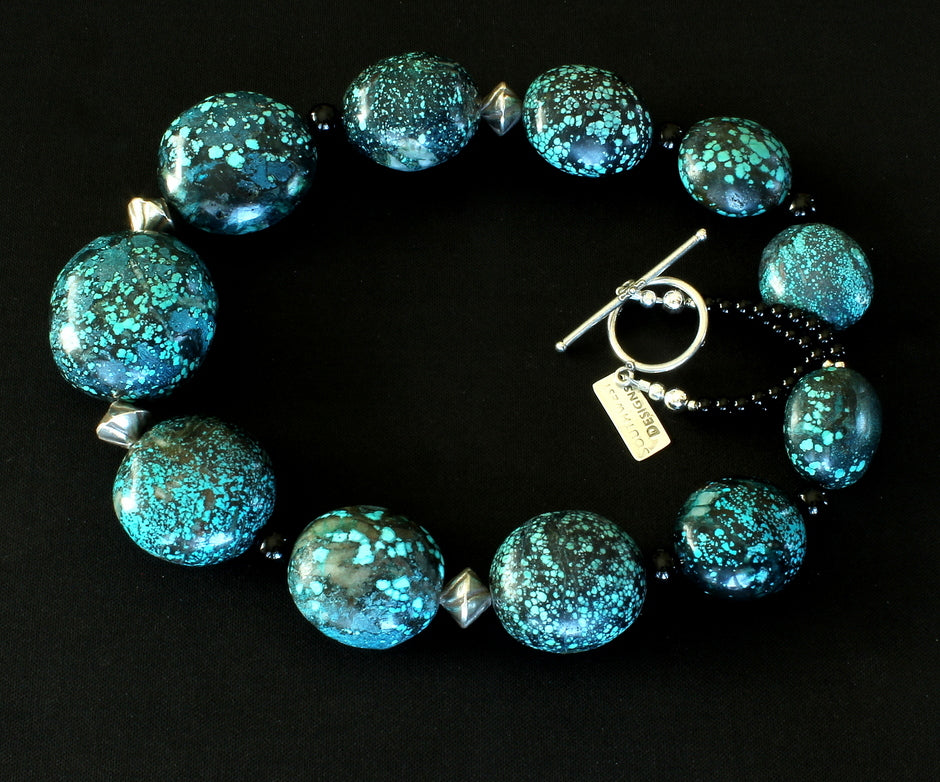 Turquoise Large Ovals Graduated Necklace with Onyx Rounds and Sterling Silver Beads & Toggle Clasp