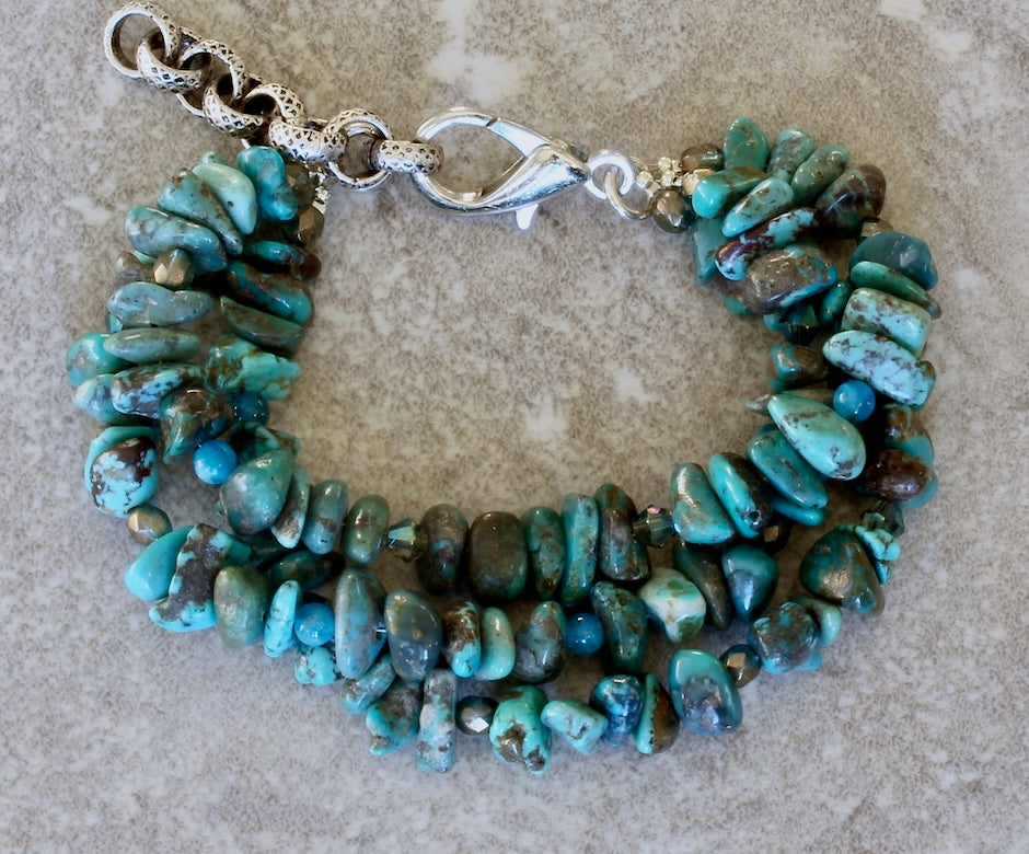 Turquoise Nugget 3-Strand Bracelet with Apatite, Czech Glass and Silver Lobster Clasp