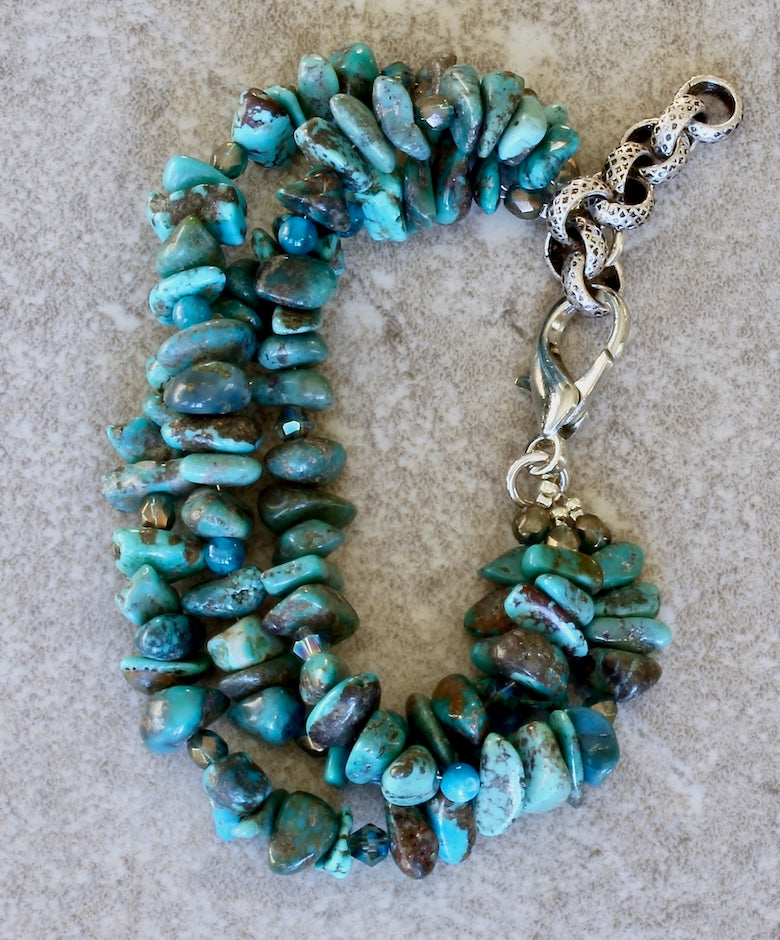 Turquoise Nugget 3-Strand Bracelet with Apatite, Czech Glass and Silver Lobster Clasp