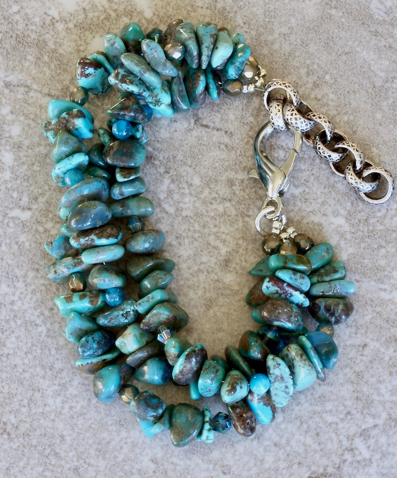 Turquoise Nugget 3-Strand Bracelet with Apatite, Czech Glass and Silver Lobster Clasp