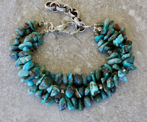 Turquoise Nugget 3-Strand Bracelet with Apatite, Czech Glass and Silver Lobster Clasp