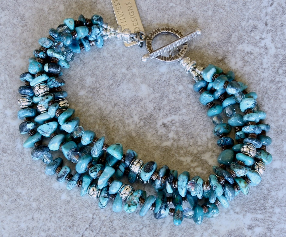 Nevada Turquoise Nugget 3-Strand Bracelet with Olive Shell Heishi, Czech Glass and Sterling Silver