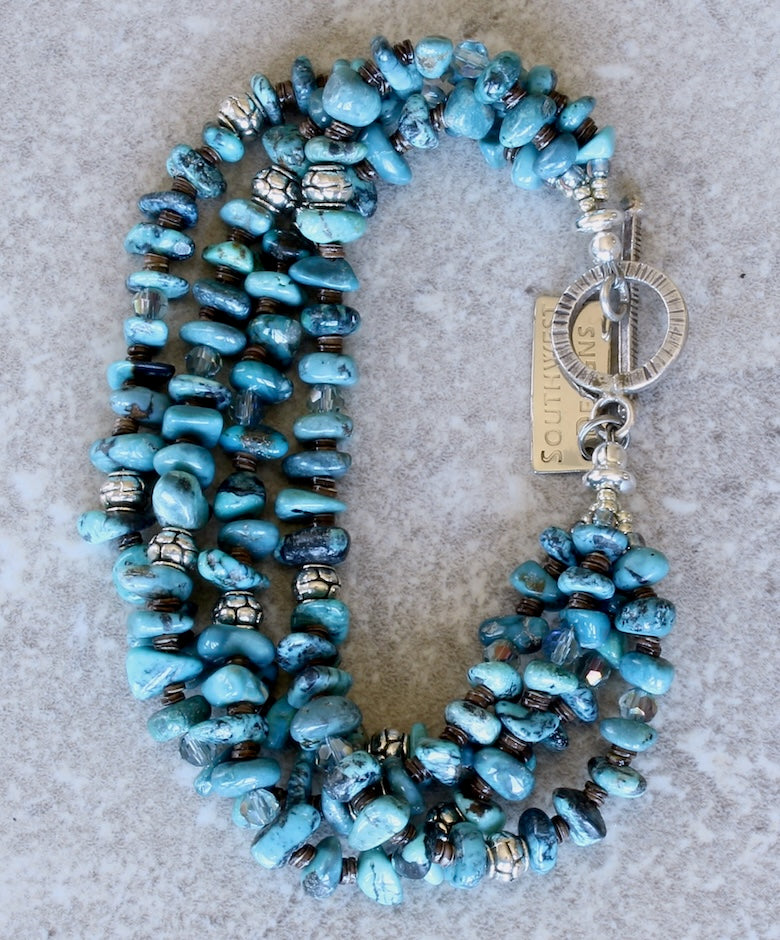 Nevada Turquoise Nugget 3-Strand Bracelet with Olive Shell Heishi, Czech Glass and Sterling Silver